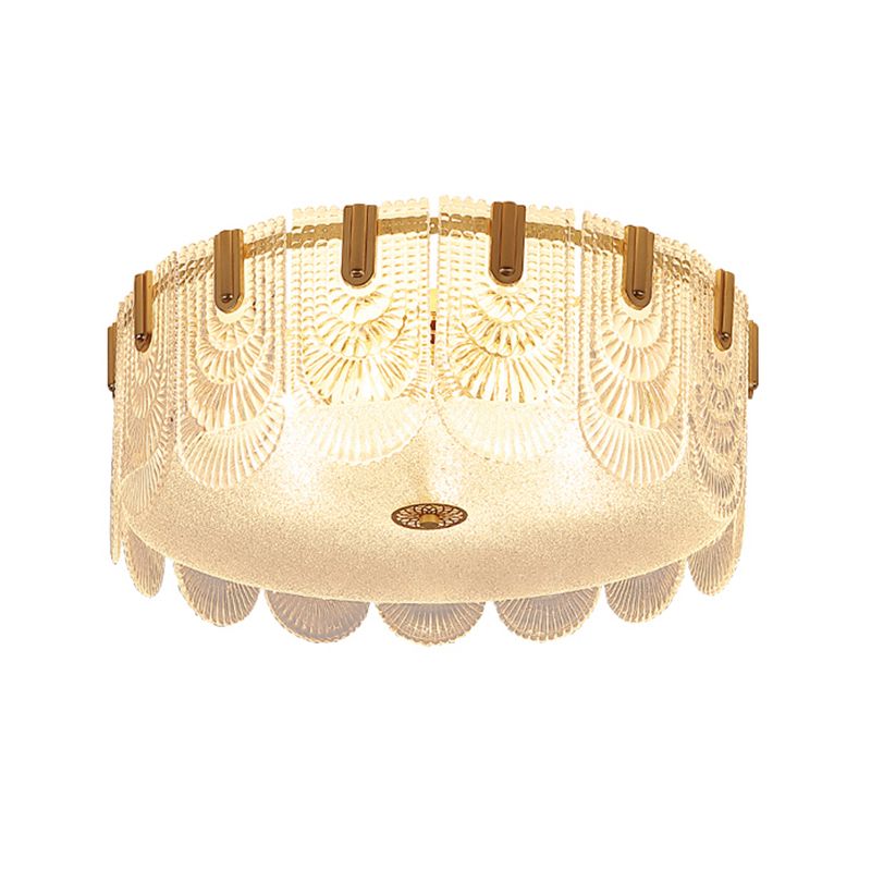 Gold Metal Flush Mount Light Armaturen Traditionele Drum Slaapkamer Flush Plafond Lampen met Glas Shade