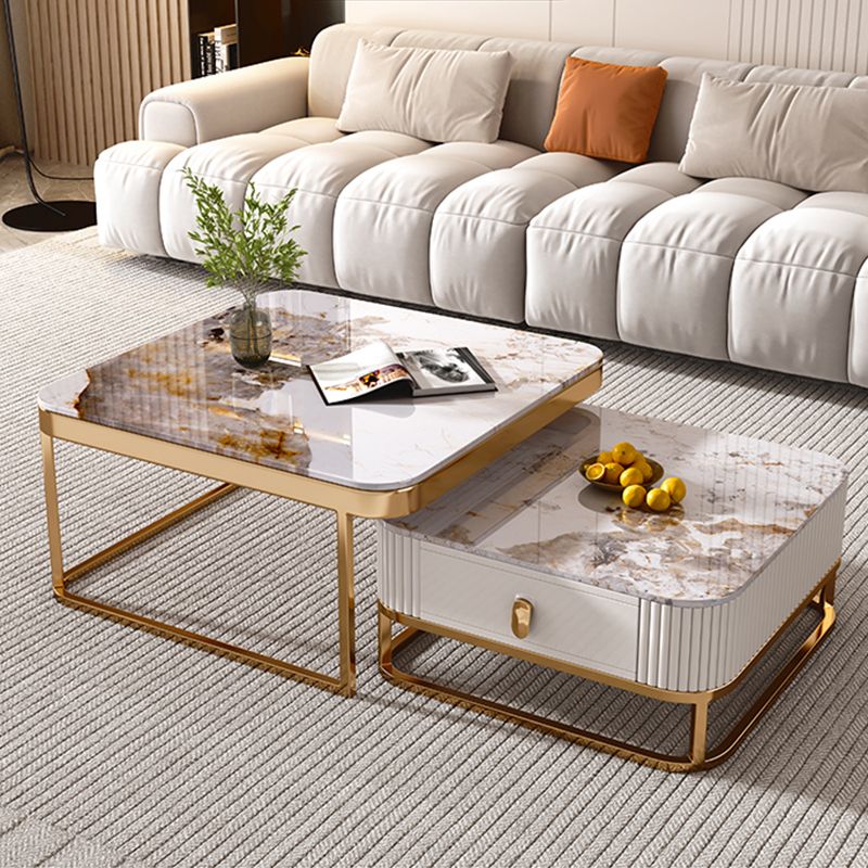 Glam Coffee Table Set Slate 2-Piece Coffee Cocktail Table with Drawer