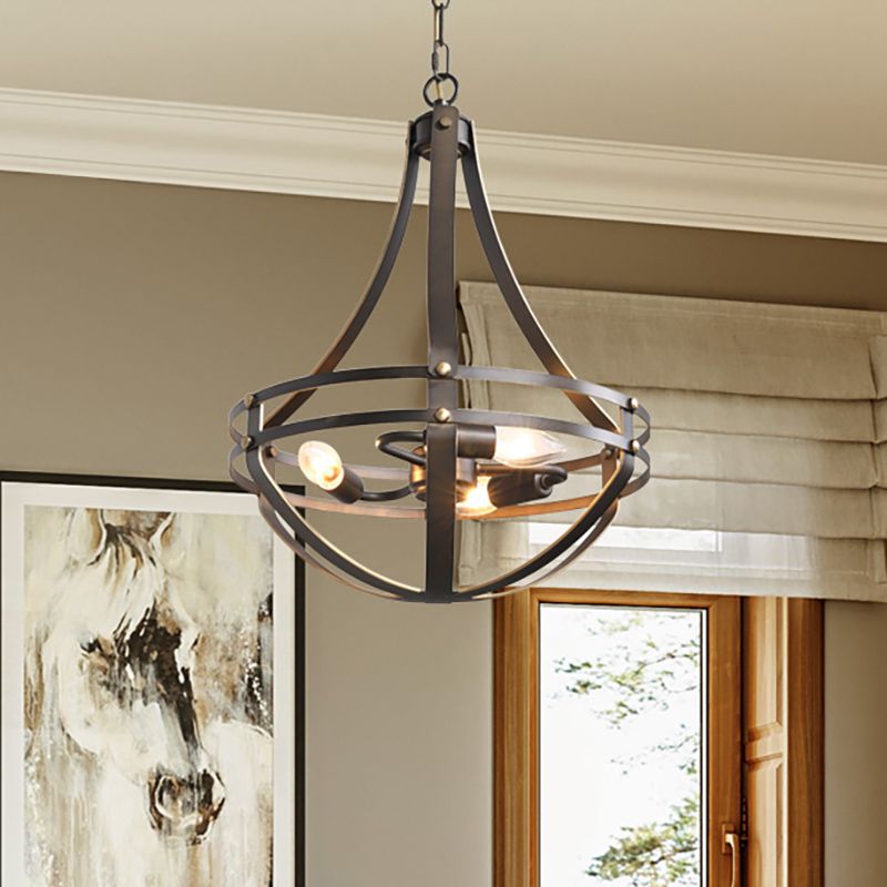 3 Heads Foyer Hanging Chandelier Light Vintage Style Black Pendant Lamp with Bowl Cage Metallic Shade
