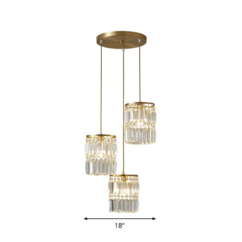 Crystal Prism Cylindrical Multi Pendant Modern 3 Heads Brass Ceiling Light with Round/Linear Canopy