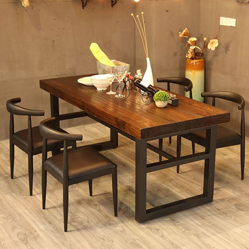 Industrial Dining Table Brown Solid Wood Dining Table with Trestle Base