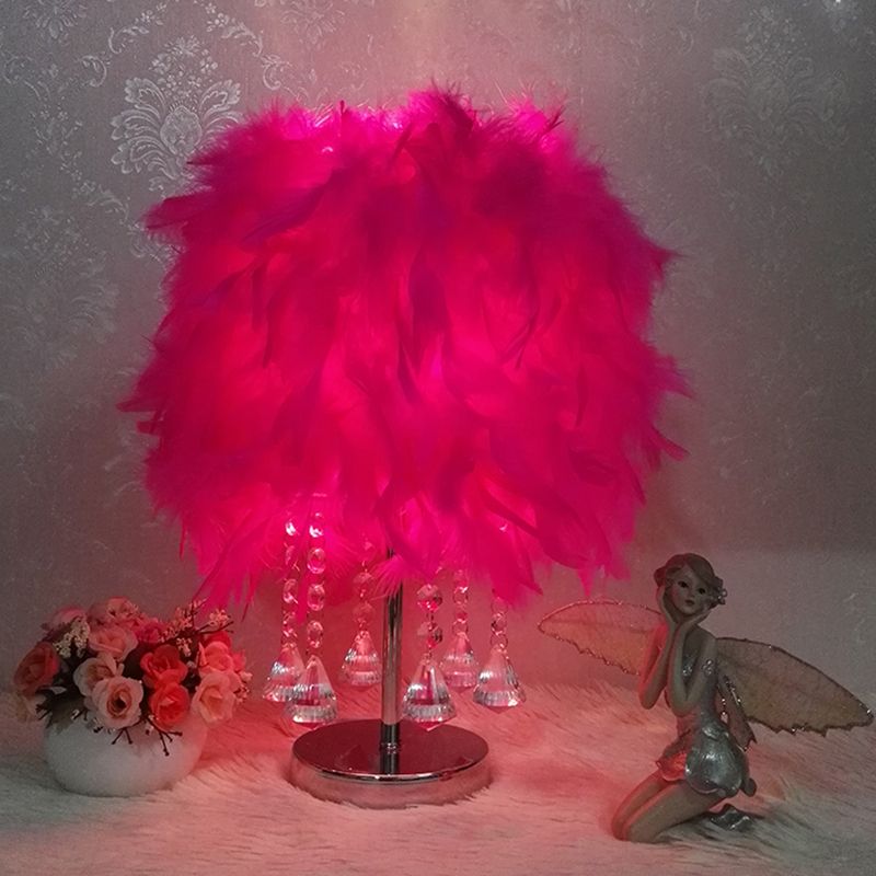 Modernist Cylinder Night Light Feather Single Bedroom Table Lamp in Pink/Peach Red/White with Crystal Strand