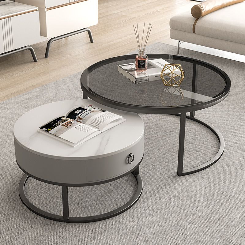 Round Brown Glass Coffee Table with Drawers Frame 2 Nesting Cocktail Table