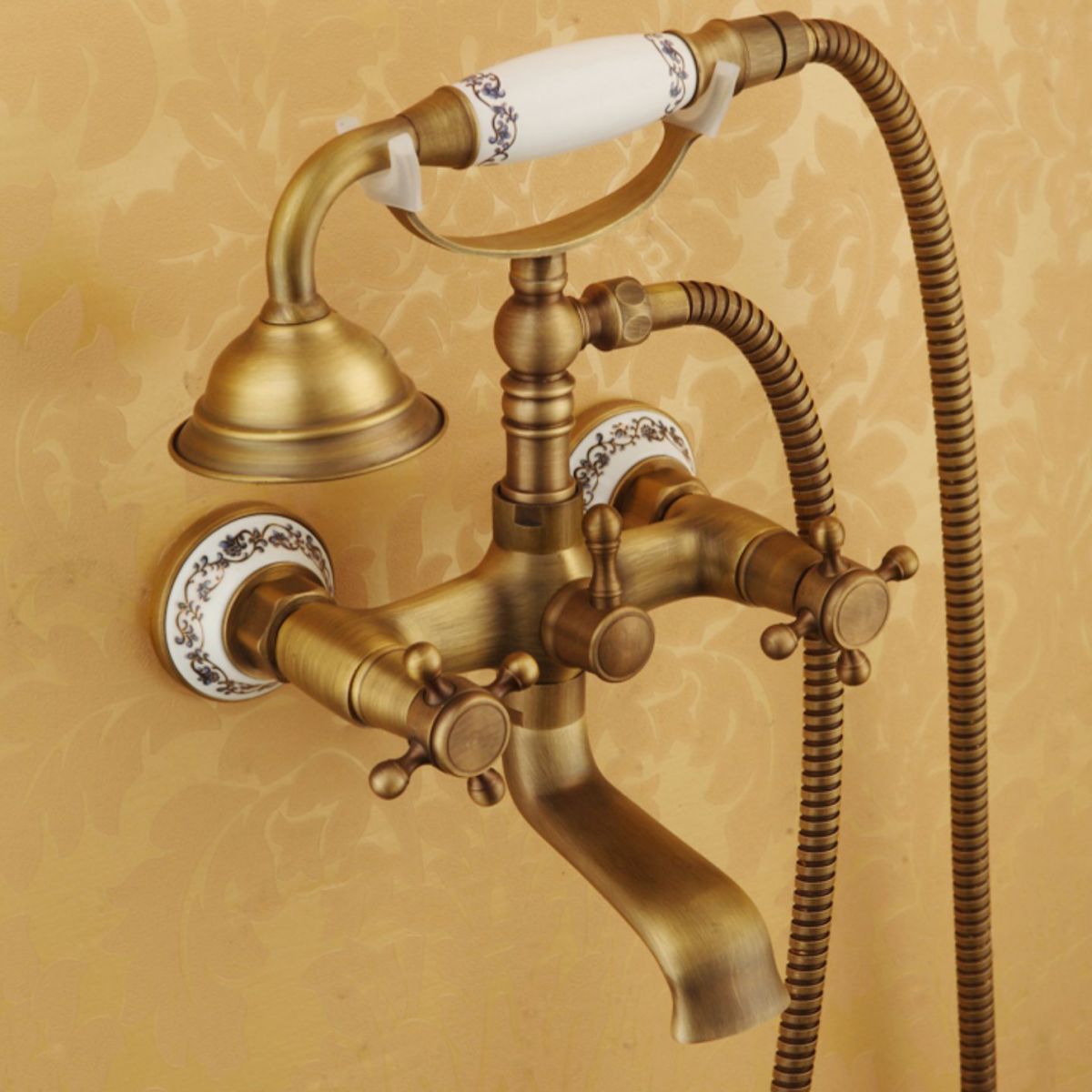Traditional Floor Mounted Metal Freestanding Tub Filler Double Handles Bathtub Faucet