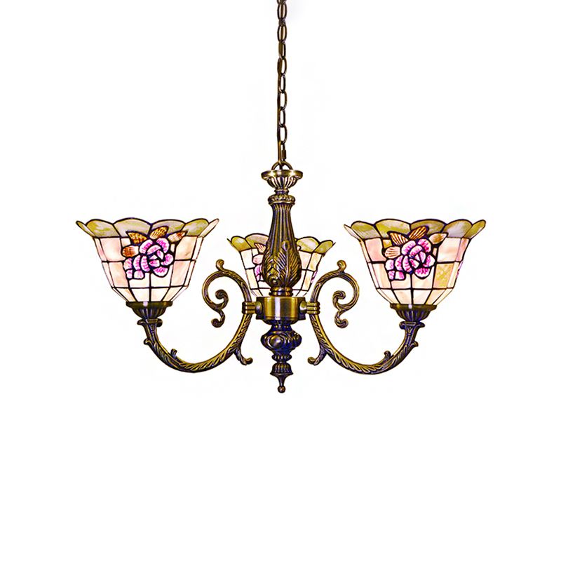 Forme de cloche suspendu lampe rétro en vitrail 3 têtes Lumière de lustre de fleur avec chaîne pour chambre à coucher