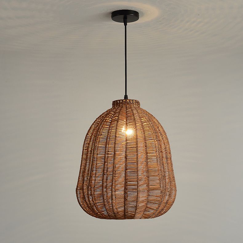 Farmhouse Natural Rattan Pendant Lighting 1-Light  Dining Room Hanging Lamp in Brown