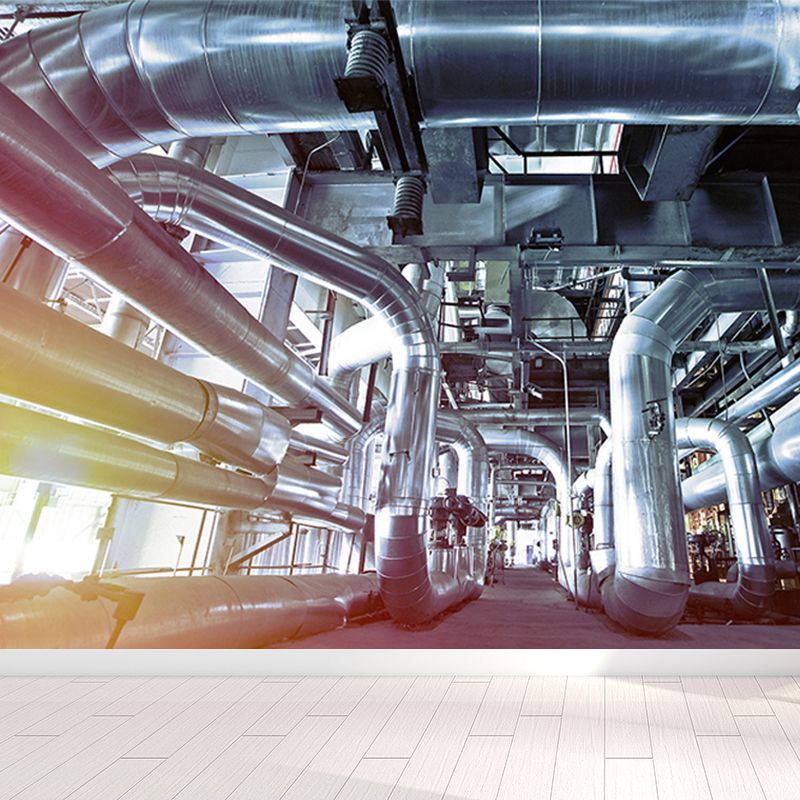 Gray Industrial Mural Decal Huge Machinery Scenery Wall Covering for Living Room