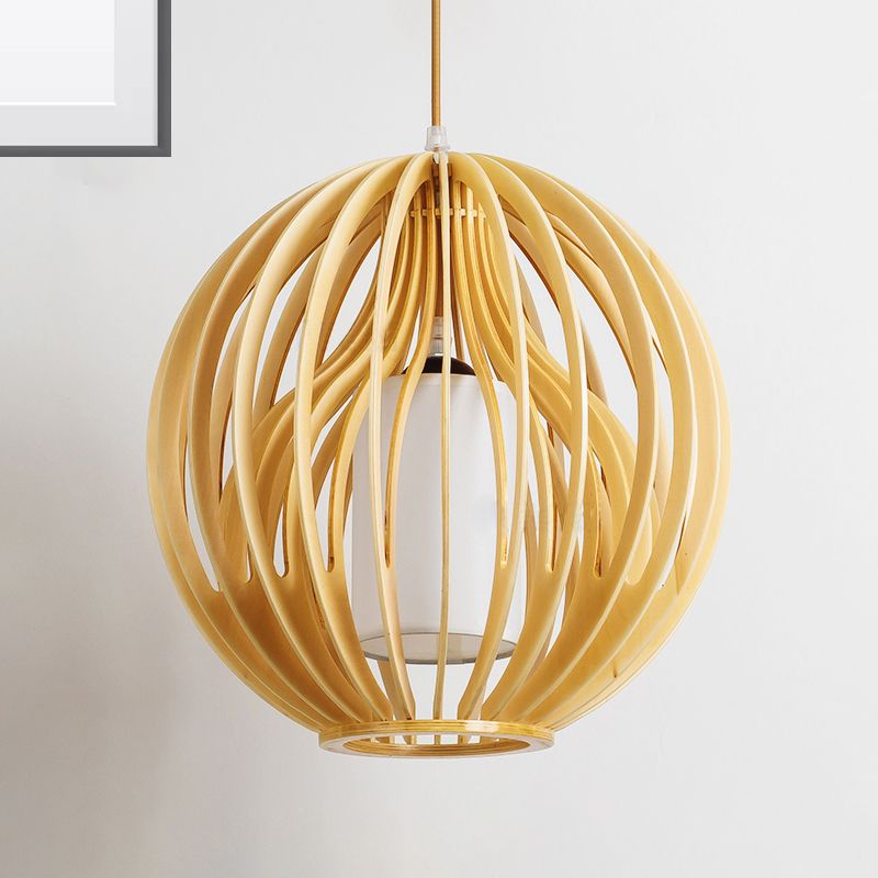 Lámpara colgante de orbes beige/hat contemporáneo 1 cabeza de madera de madera luz colgante para restaurante