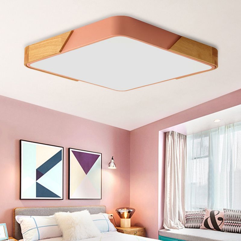 Plafonnier carré de chambre à coucher, éclairage encastré vert nordique avec abat-jour en bois et acrylique pour enfants