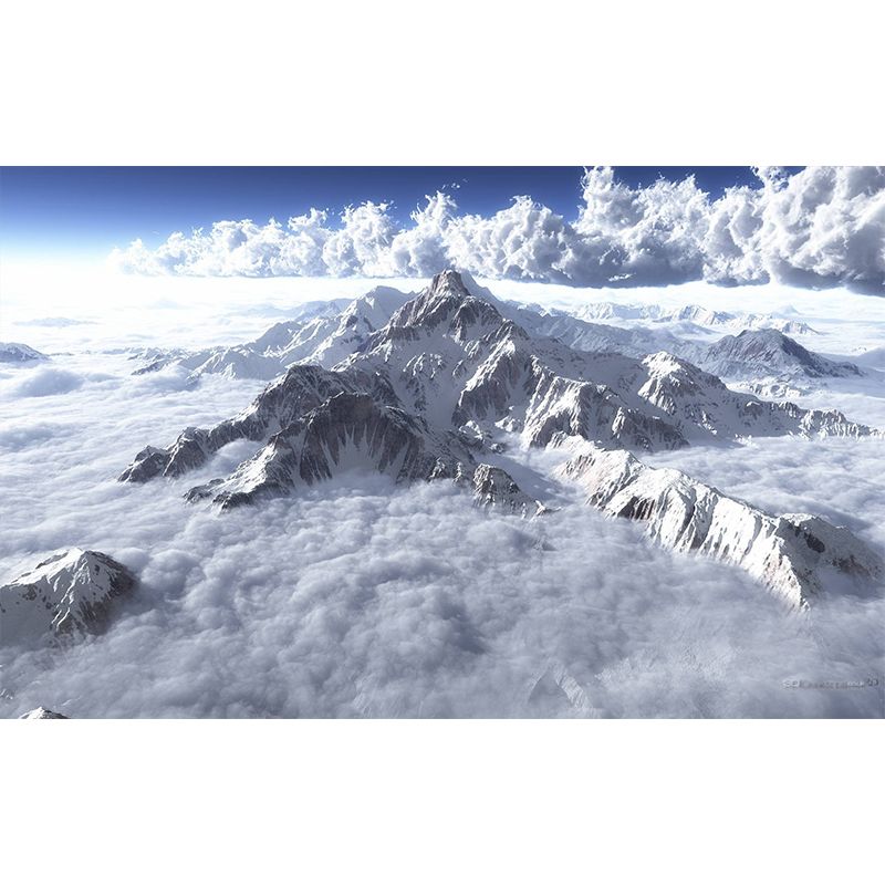 Mountain and Cloud Sea Mural Modern Non-Woven Fabric Wall Decor in White for Home