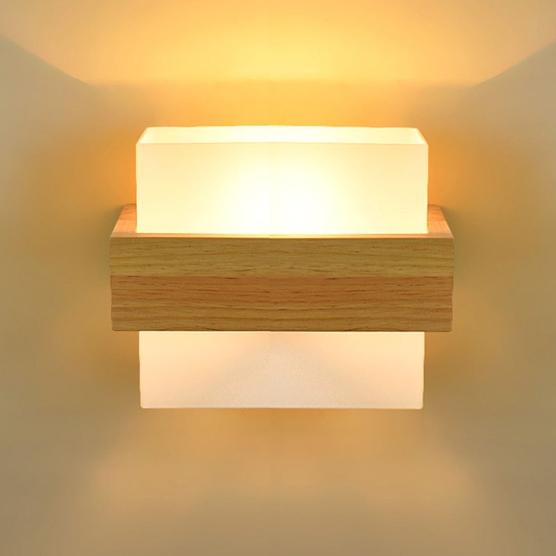 Houten rechthoek wandlamp modernist 1 hoofd beige sconce lamp met witte glazen schaduw