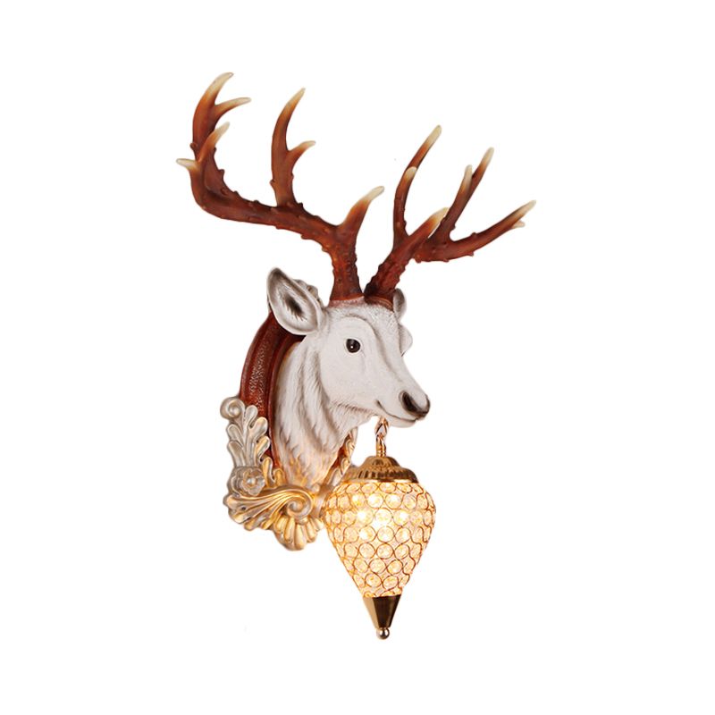 13"/26" W Single Resin Wall Light Fixture Country White/Yellow/Gold Deer Head Living Room Sconce Lamp with Teardrop Crystal Shade