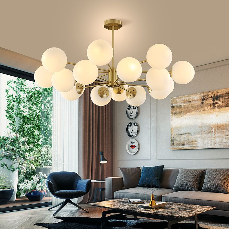 Gold Nordic Style Full Brass Lighting Fixture White Glass Ball Shade Molecular Large Chandelier