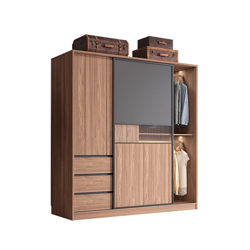 Contemporary Freestanding Wardrobe Armoire Brown Wood Wardrobe with Drawers