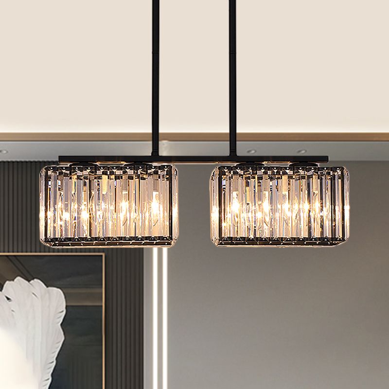 4/6/8 Heads Island Chandelier Contemporary Cuboid Shade Clear Crystal Hanging Light Fixture in Black