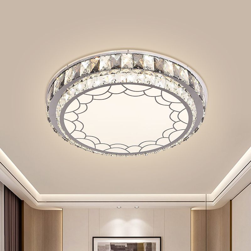 LED Round Light Fixture Modern Stainless-Steel Clear Faceted Crystal Blocks Flushmount with Flower/Cloud Pattern