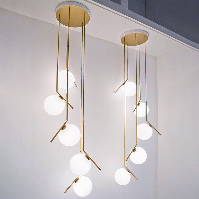 Spiral Globe Stairwell Hanging Lighting Opal Glass Simplicity Multi Light Pendant