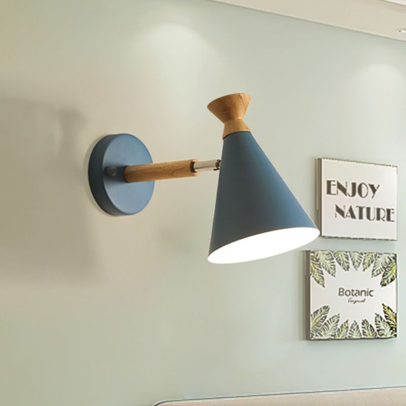 Metal Cone Shade Wall Light Nordic Style Rotatable 1 Light Bedside Reading Light in Blue/Green/Grey/White