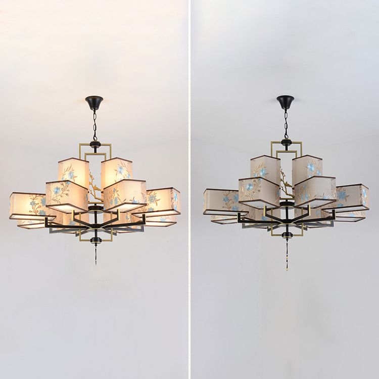 Rustic Embroidery Chandelier Fabric Suspended Lighting Fixture for Living Room