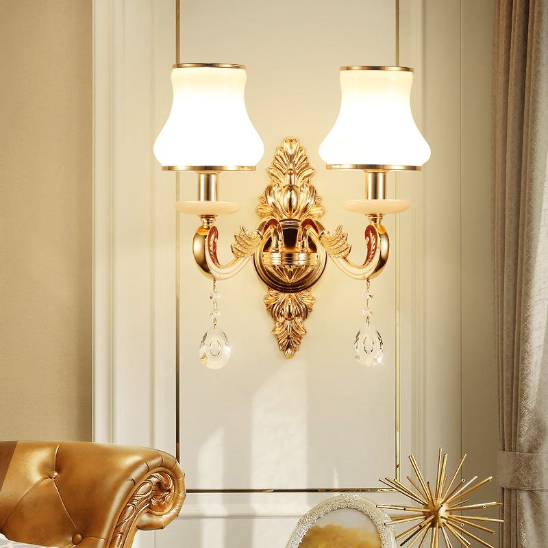 Flared Sconce Lamp Retro Style Gold Milk Glass Wall Mount Light with Crystal Droplet