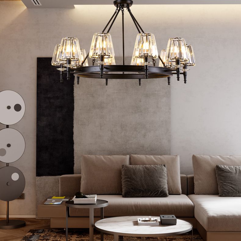 Traditional Style Crystal Chandelier Light Iron Vintage Suspension Lighting Fixture in Black for Living Room