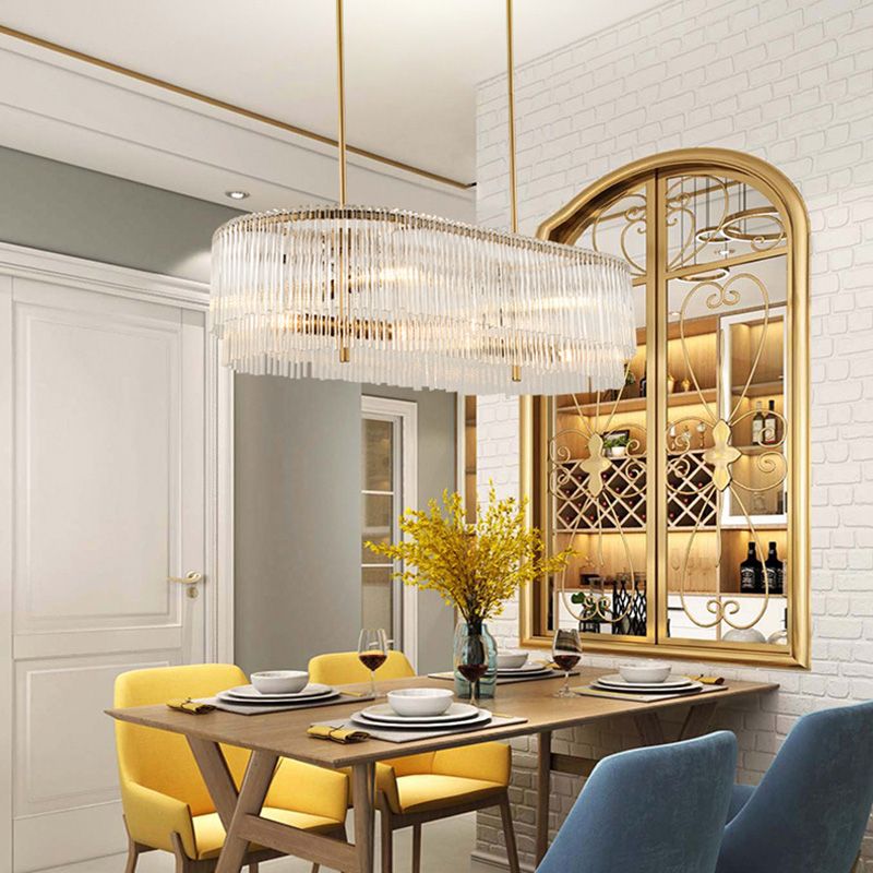 Brass Oval Island Lamp Postmodern 12 Lights Crystal Rod Hanging Ceiling Light for Dining Room