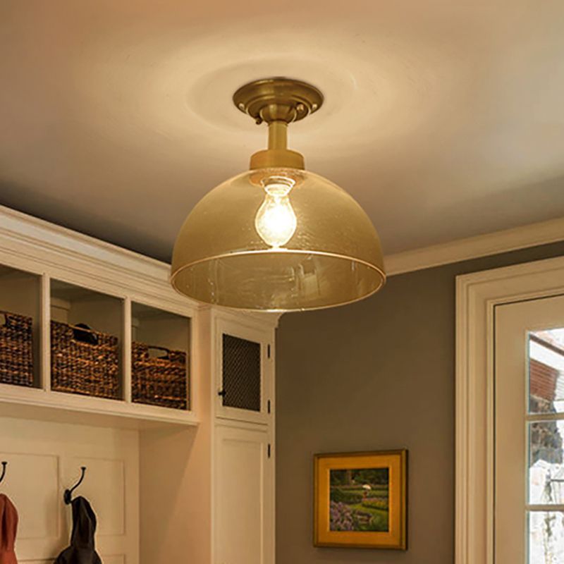 Colonial Dome Ceiling Light Fixture 1 Bulb Amber Glass Semi Mount Lighting in Brass for Hallway