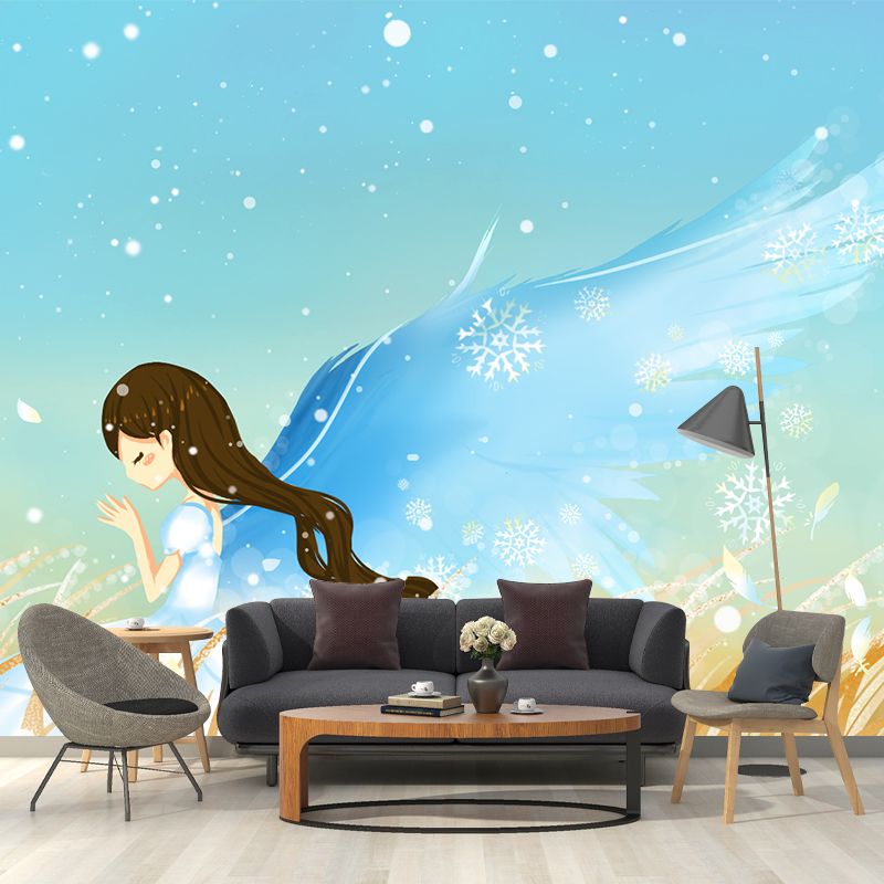 Full-Size Frost Day Mural for Bedroom Angel in Wheat Field Wall Art in Blue, Stain Resistant