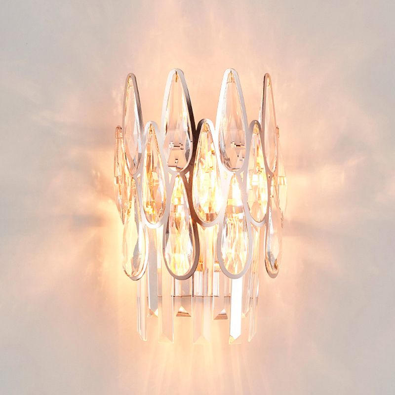 2 Lights Teardrop Wall Light Sconce Simplicity Gold Finish Clear Crystal Wall Lamp with Half-Circle Design