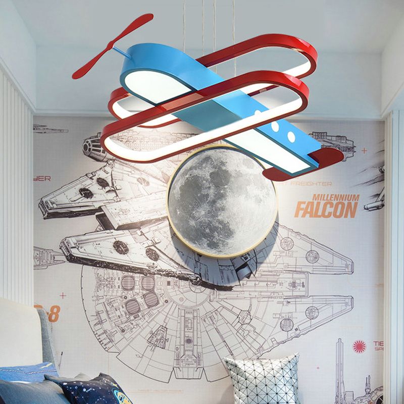 Cartoon LED Chandelier Pendant Light with Acrylic Shade Red and Blue 18"/23.5" W Aircraft Hanging Light, Warm/White Light