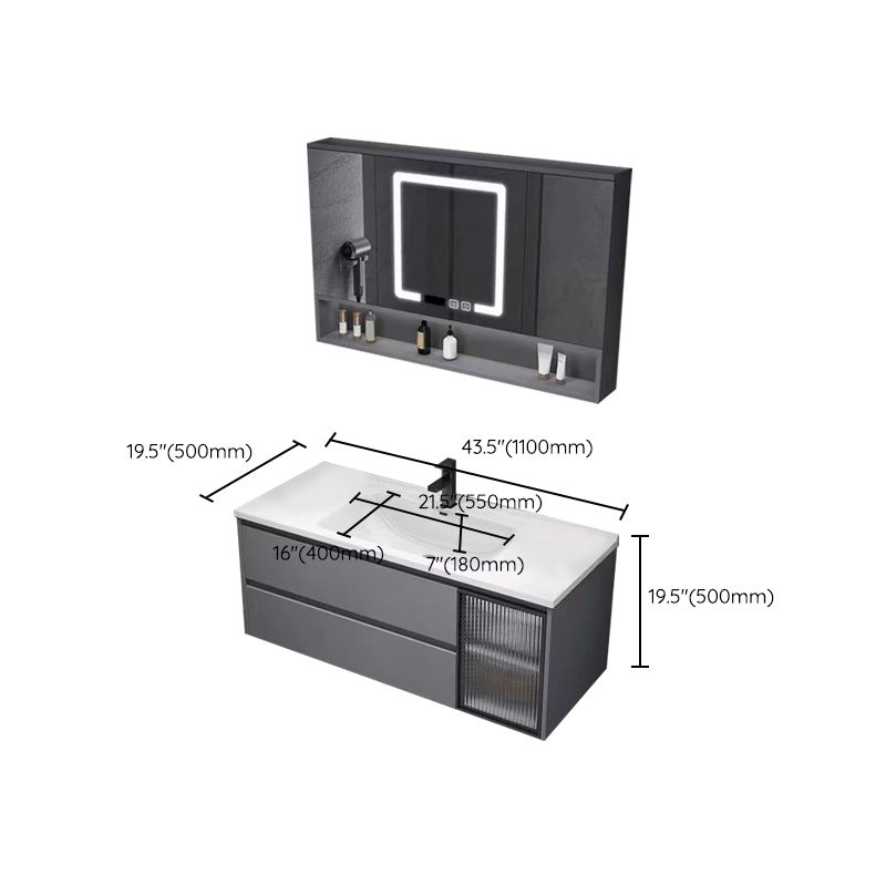 Contemporary Sink Cabinet Metal Gray Wall-Mounted Bathroom Vanity Set