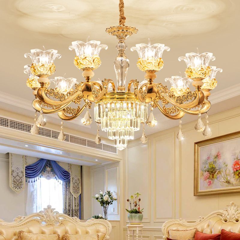 Blossom Crystal Glass Chandelier Antique Style Bedroom Ceiling Hang Light in Gold