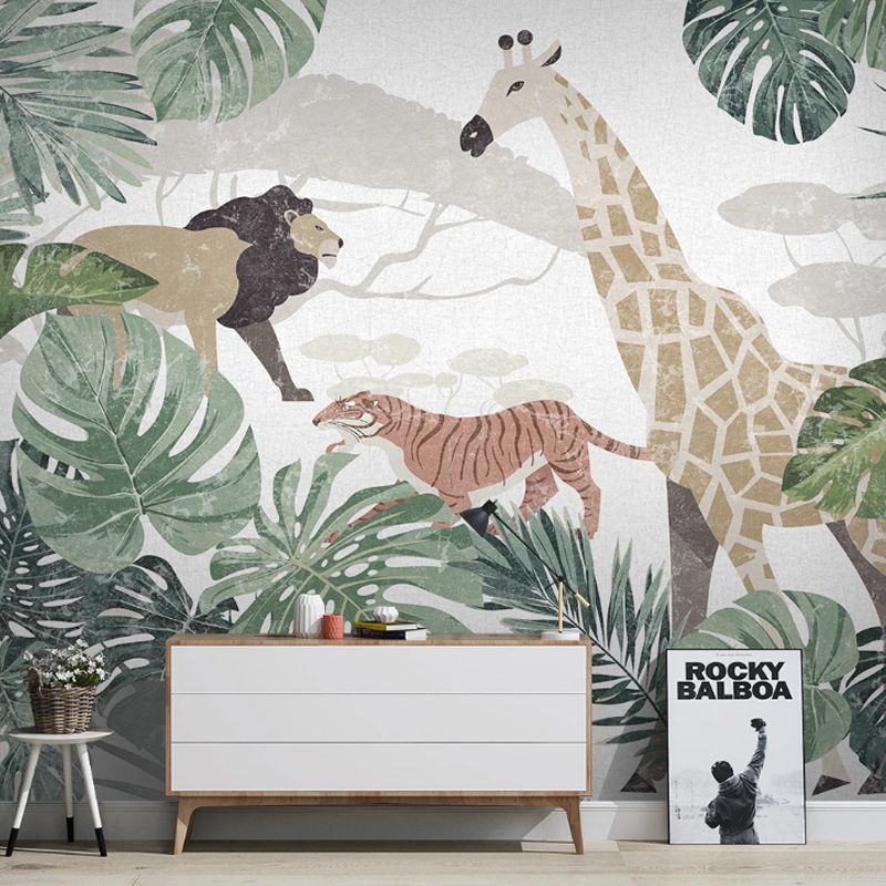 Nordic Animal and Forest Mural in Green Guest Room Wall Art, Personalized Size Available