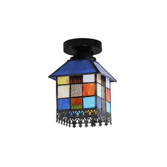 1 Head House Flush Verlichting Rustiek Lodge Style Glas Flush Mount Lamp in Black/Blue/Brass/Clear/Blue-Clear voor Foyer