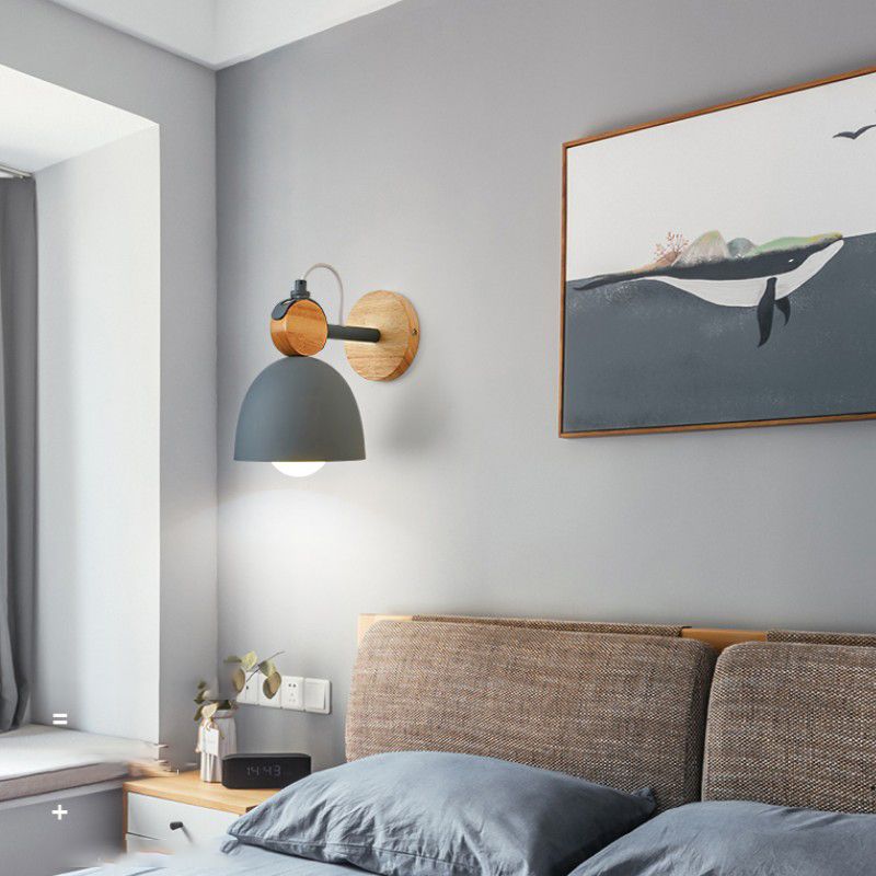 Wooden Dome Single Wall Light in Modern Concise Style Wrought Iron Wall Sconce for Interior Spaces