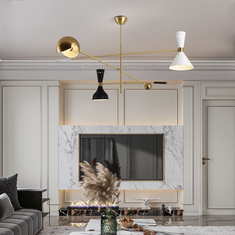 Postmodern 3-Light Chandelier Brass-White-Black Sputnik Hanging Light with Metal Shade