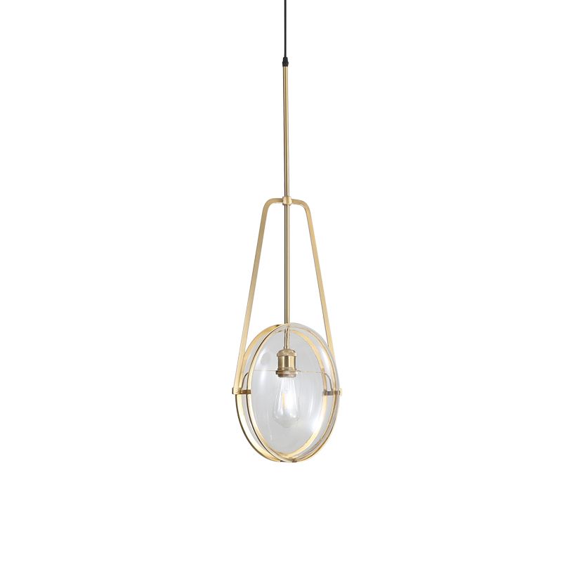 Brass Oval Pendant Light Contemporary 1-Light Clear Glass Ceiling Lamp with Forked Halberd Frame