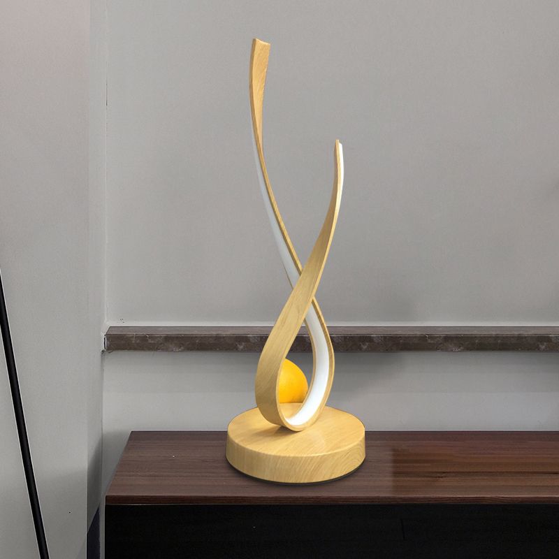 Beige Finish Twisted Desk Lighting Modernism LED Acrylic Nightstand Lamp, Wooden Base