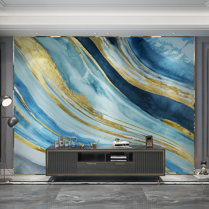 Extra Large Watercolors Mural Scandinavian 3D Effect Stripe Wall Covering in Blue