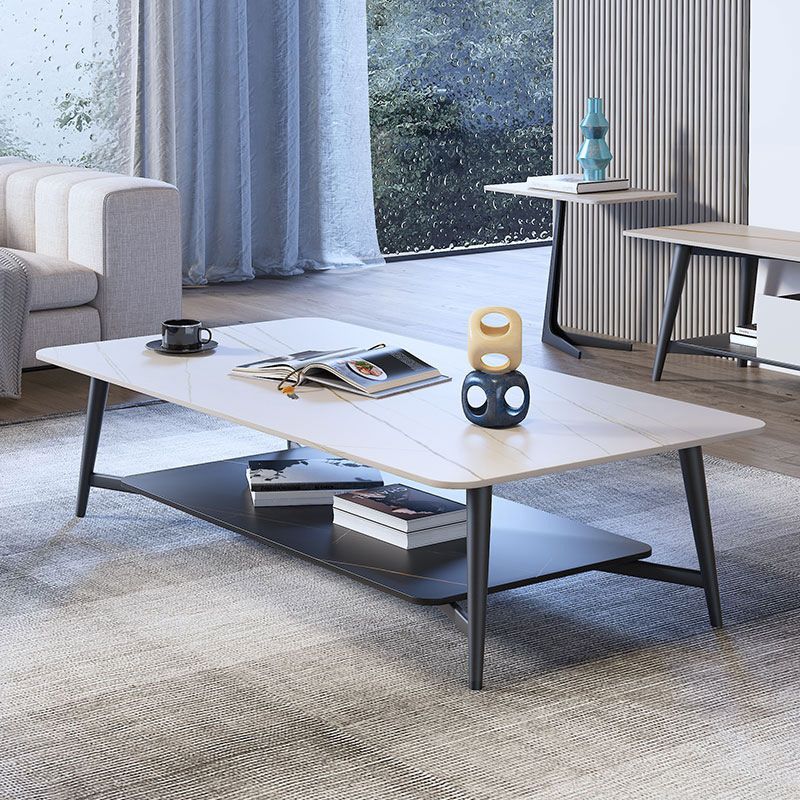 4 Legs 1 Single Coffee Table Rectangular Slate Cocktail Table with Shelf