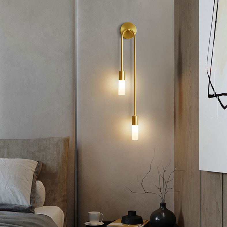 Nordic Style Brass Wall Sconce Cylinder 2 Lights Wall Light with Glass Shade for Bedroom