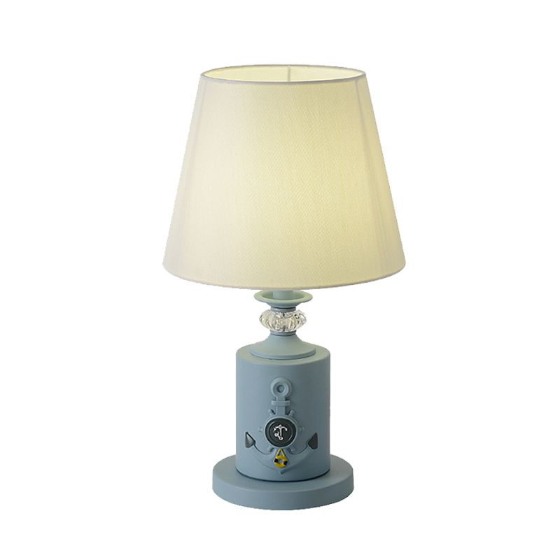 Mediterranean-Style Cylinder Table Light Metal Single Bedside Fabric Night Lamp in Black/Water Blue