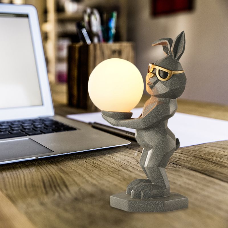 Cartoon Dog/Rabbit/Unicorn Night Light Resin LED Bedroom Table Lamp in Pink/Black/Grey with Globe Opal Glass Shade