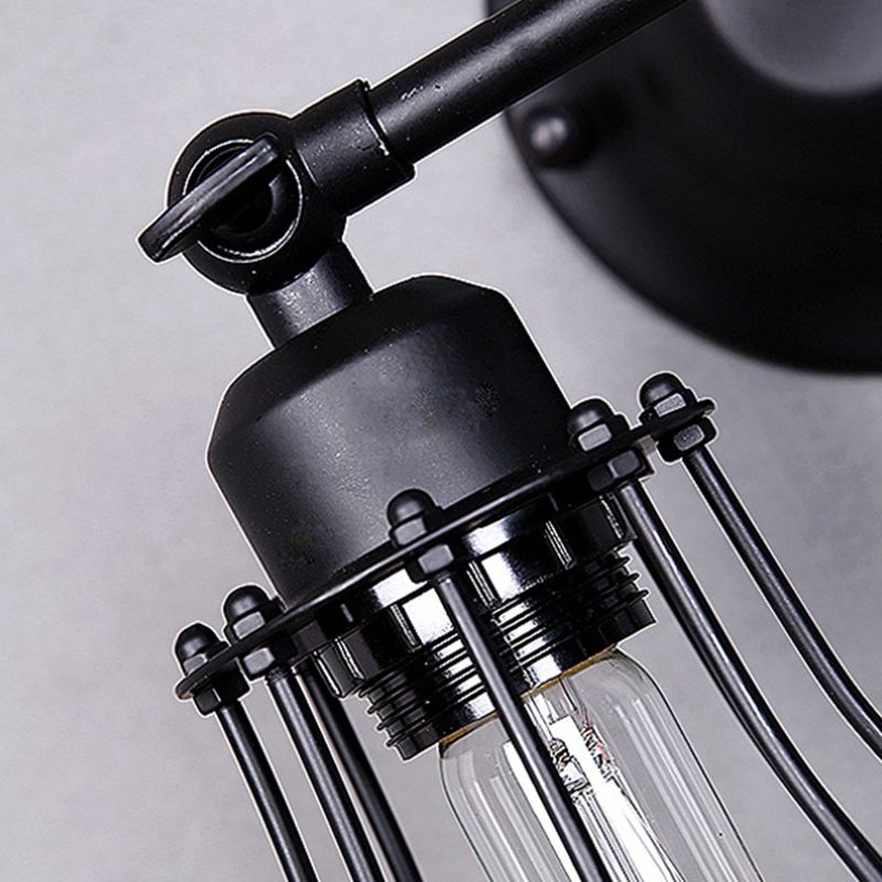 Black Bulb Shaped Cage Wall Mount Light Industrial Metal Bedroom Sconce Lamp with Pivot Joint