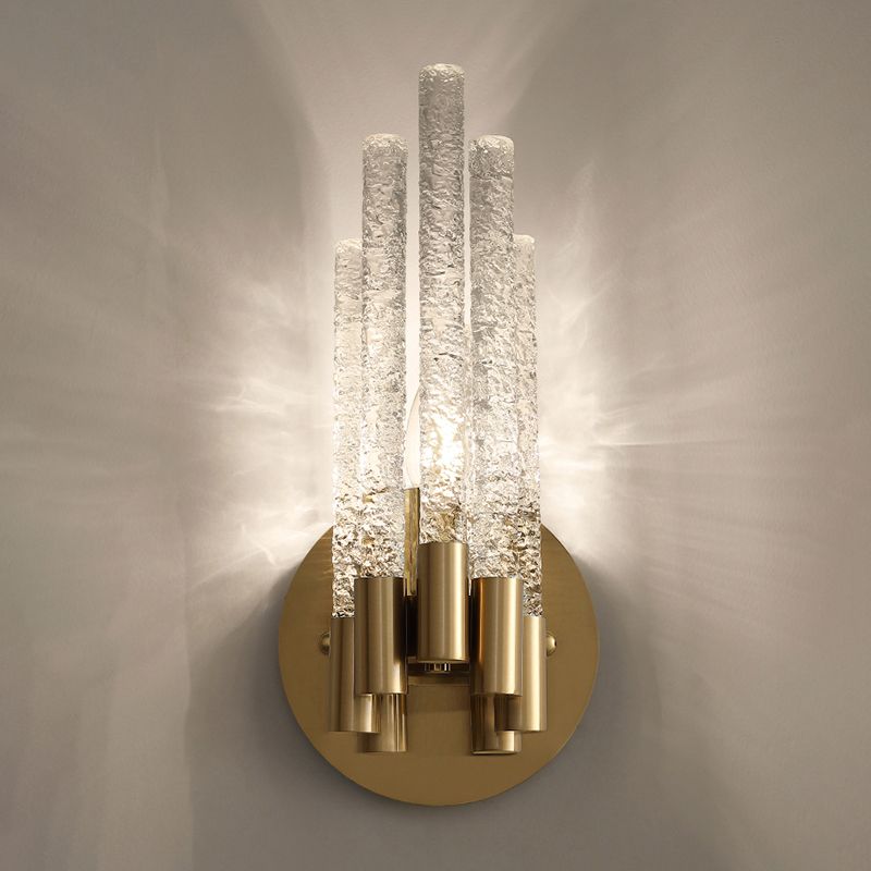 Tubular Sconce Lighting Simple Style Clear Rippled Crystal 2-Head Bedroom Wall Light in Brass