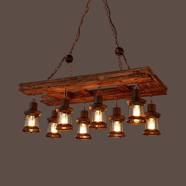 Lantern Clear Glass Hanging Pendant Rustic 8-Light Kitchen Island Light Fixture in Black with Wood