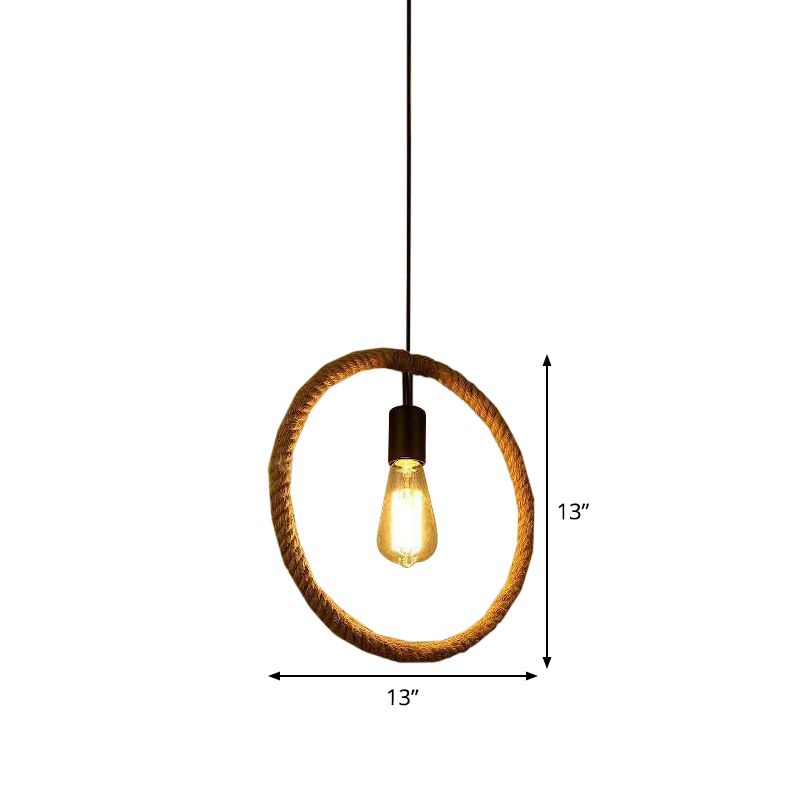 1-Light Hanging Lamp Rural Living Room Pendant Light with Round/Square/Rectangle Rope Frame in Brown