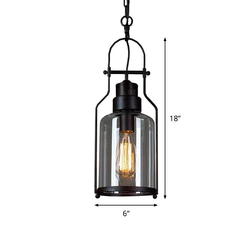 1-Bulb Clear Glass Hanging Pendant Warehouse Style Black Cylinder Restaurant Ceiling Light with Metal Frame