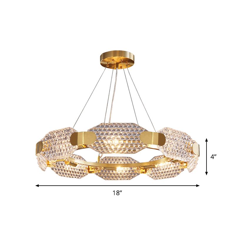 Prism Crystal Circular Chandelier Light Simple Style 6 Lights Bedroom Hanging Lamp Kit in Gold with Octangular Panel