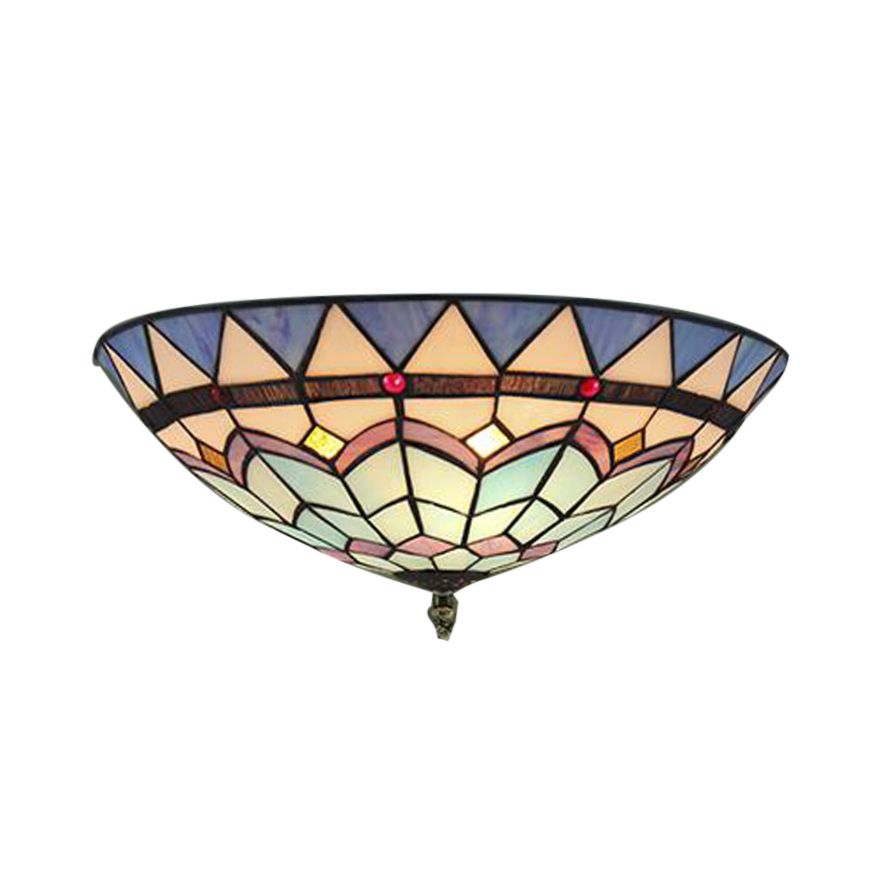 12"/16"/19.5" W Stained Glass Bowl Flush Mount Ceiling Light Lodge 1/2/4 Light Flush Mount Light in Blue/Light Blue for Living Room